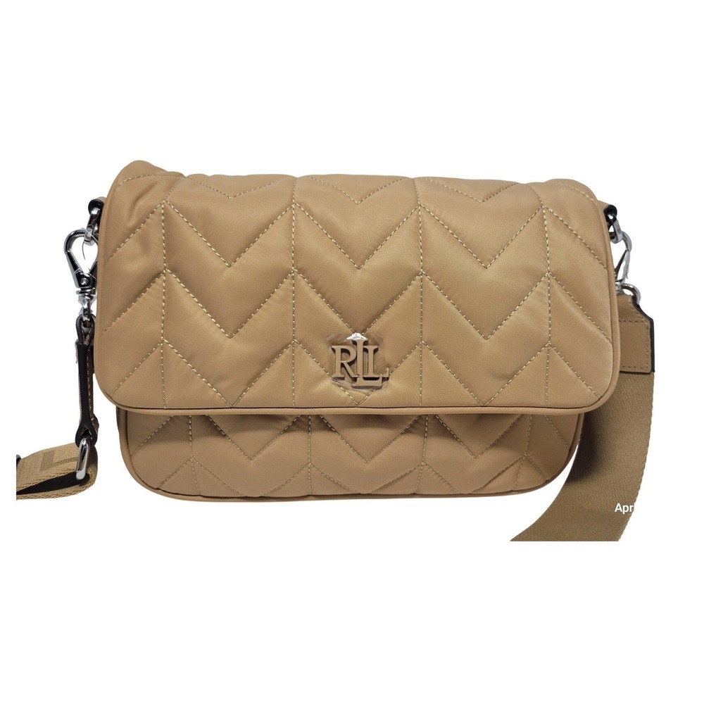 Lauren Ralph Lauren Crossbody Bag Womens Medium Tan New Quilted Nylon RL Logo